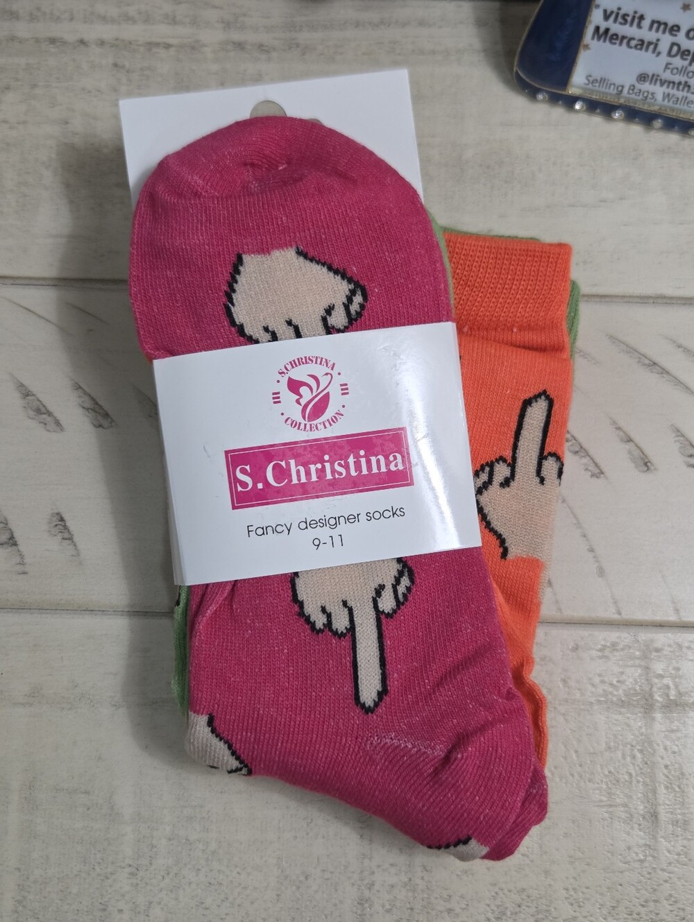 S. Christina Novelty "Middle Finger" Socks 3-Pack Pink Orange Size 9-11 NEW
